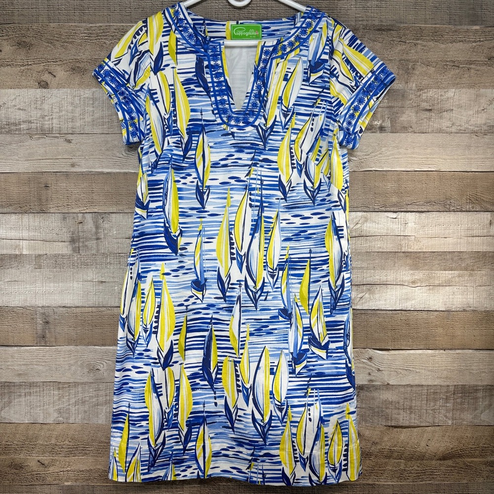 Pappagallo Womens Blue Yellow Sailboat Print Embroidered Shift Dress